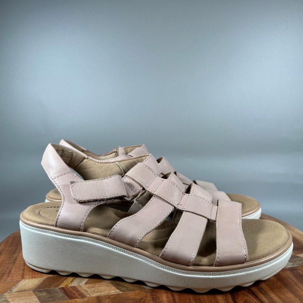 Clarks Collection Mira Tide Dusty Pink Leather Wedge Sandals Womens 8.5 M